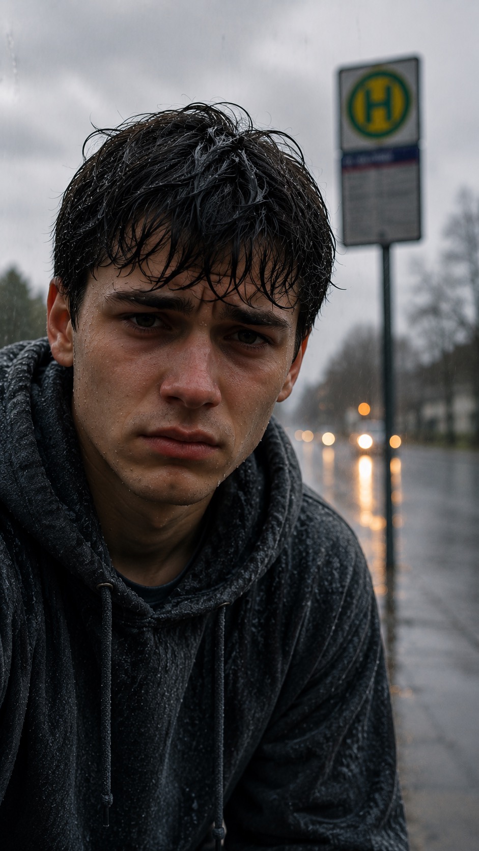 Junger Erwachsener wartet im Regen an einer Bushaltestelle.